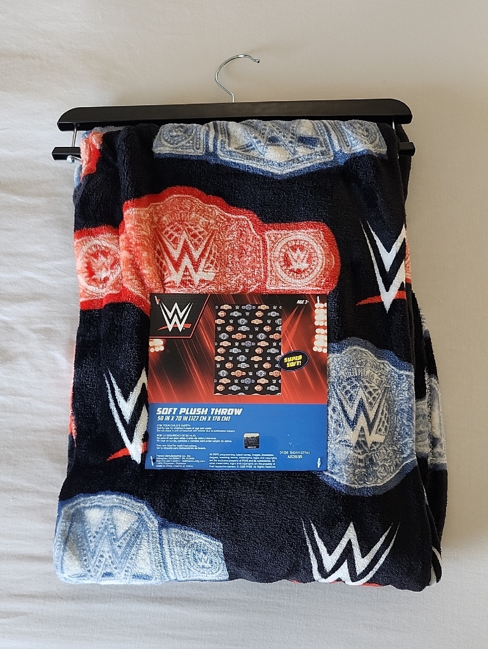 WWE Black Plush Throw Blanket with Red and Blue Accents 50x70